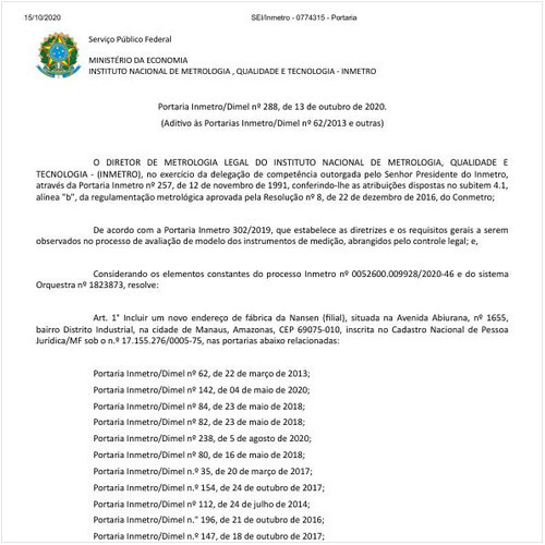 Portaria DIMEL/INMETRO 288:2020 - Situação: Em vigor