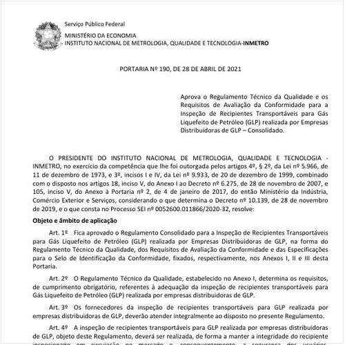 Portaria INMETRO/ME - 190:2021 - Situação: Em vigor