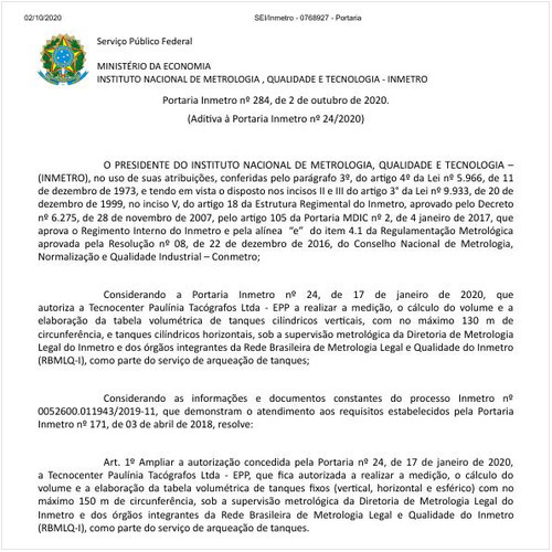 Portaria DIMEL/INMETRO 284:2020 - Situação: Revogado