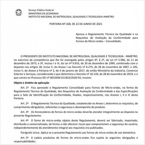 Portaria INMETRO/ME - 268:2021 - Situação: Em vigor