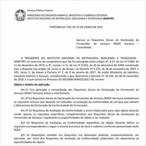 Portaria INMETRO/ME - 278:2021 - Situação: Em vigor