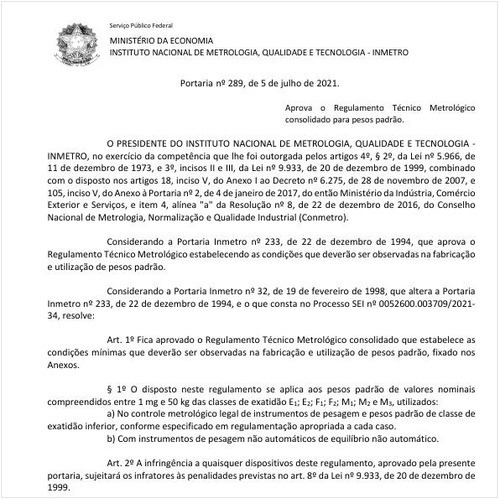 Portaria INMETRO/ME - 289:2021 - Situação: Revisto