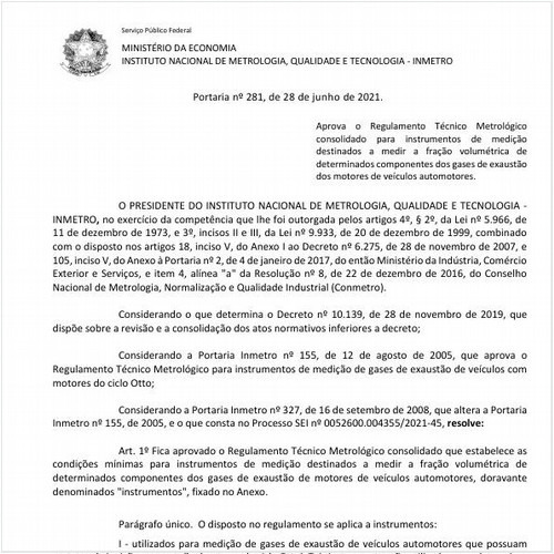 Portaria INMETRO/ME - 281:2021 - Situação: Em vigor