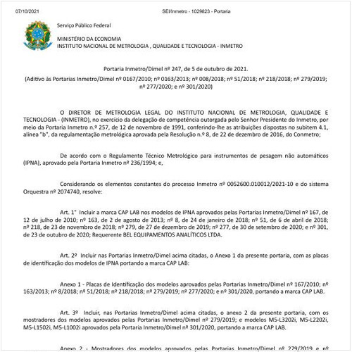 Portaria DIMEL/INMETRO 247:2021 - Situação: Em vigor