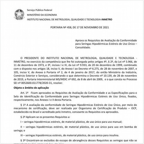 Portaria INMETRO/ME - 458:2021 - Situação: Em vigor