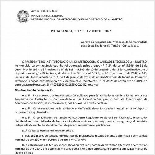 Portaria INMETRO/ME - 61:2022 - Situação: Em vigor