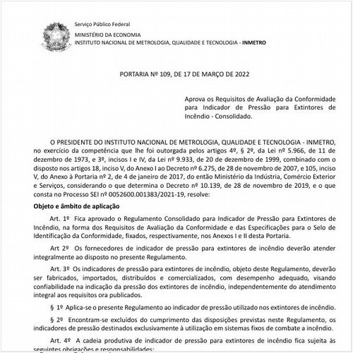 Portaria INMETRO/ME - 109:2022 - Situação: Em vigor
