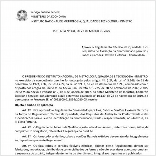 Portaria INMETRO/ME - 131:2022 - Situação: Em vigor