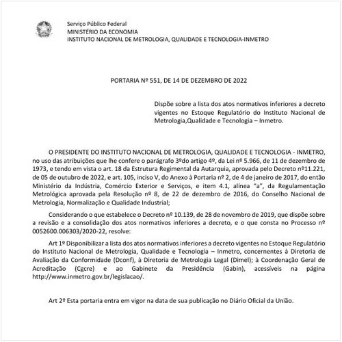 Portaria INMETRO/ME - 551:2022 - Situação: Em vigor