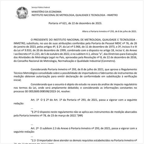 Portaria INMETRO/MDIC 621:2023 - Situação: Em vigor