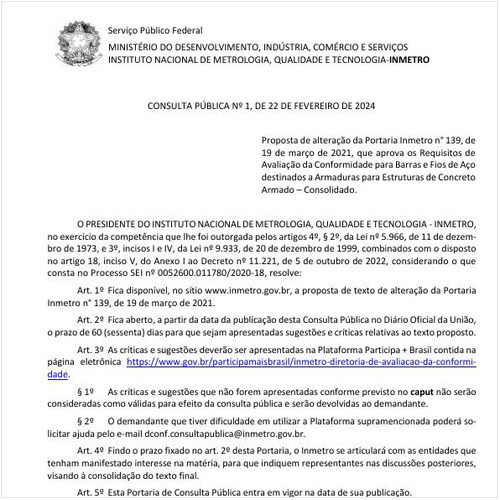 Portaria INMETRO/MDIC 1:2024 - Situação: Prazo para consulta pública expirado