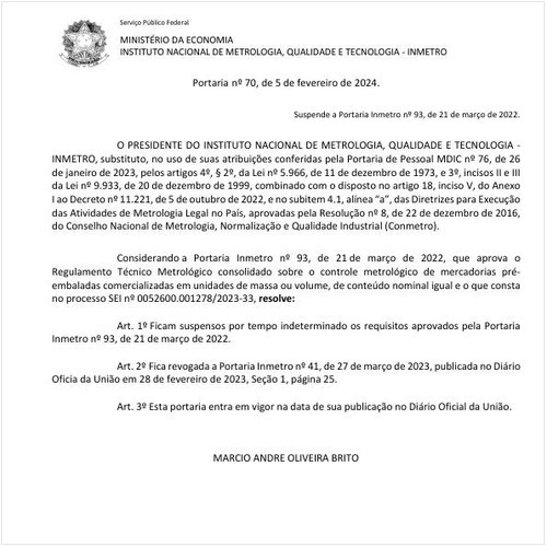 Portaria INMETRO/MDIC 70:2024 - Situação: Em vigor
