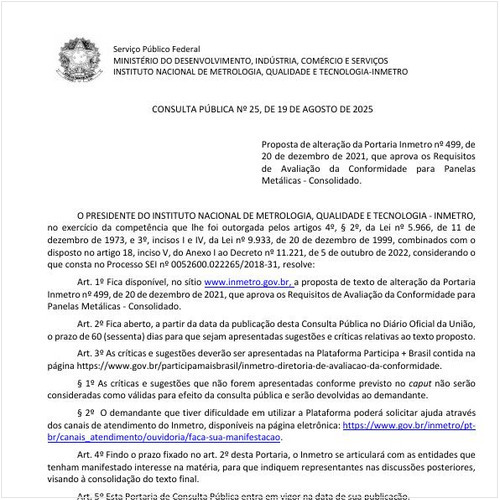 Portaria INMETRO/MDIC - 25:2025 - Situação: Prazo para consulta pública expirado