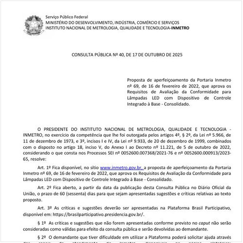 Portaria INMETRO/MDIC - 40:2025 - Situação: Em consulta pública