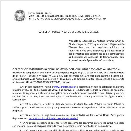 Portaria INMETRO/MDIC - 33:2025 - Situação: Em consulta pública