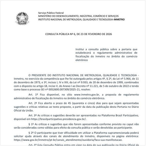 Portaria INMETRO/MDIC - 6:2026 - Situação: Prazo para consulta pública expirado
