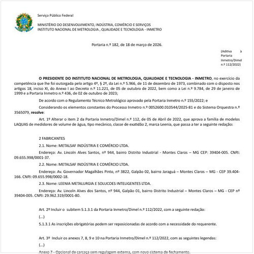 Portaria DIMEL/INMETRO 182:2026 - Situação: Em vigor