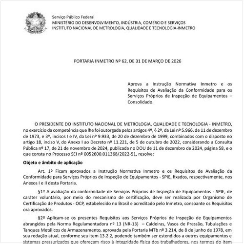 Portaria INMETRO/MDIC - 62:2026 - Situação: Em vigor