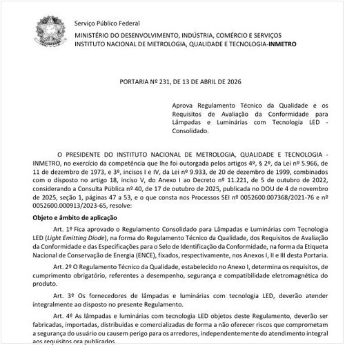 Portaria INMETRO/MDIC - 231:2026 - Situação: Em vigor