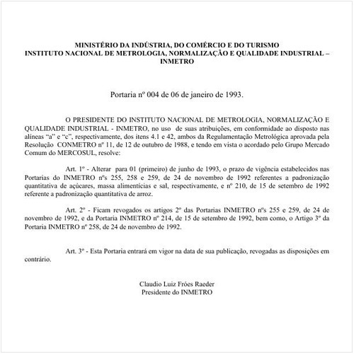 Portaria INMETRO/INMETRO 4:1993 - Situação: Em vigor