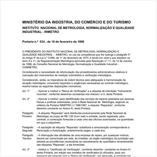 Portaria INMETRO/MICT 34:1998 - Situação: Revogado