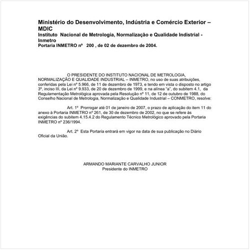 Portaria INMETRO/MDIC 200:2004 - Situação: Em vigor
