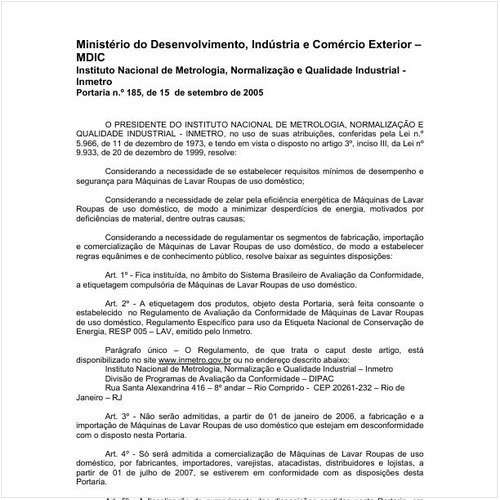 Portaria INMETRO/MDIC 185:2005 - Situação: Aguardando revogação