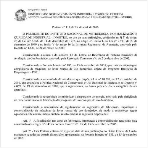 Portaria INMETRO/MDIC 111:2006 - Situação: Aguardando revogação