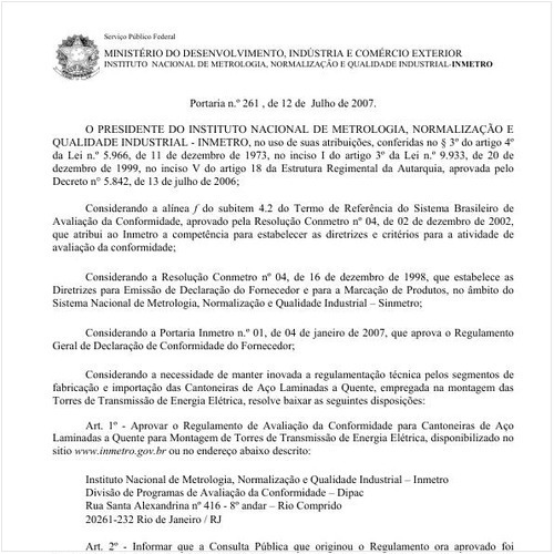 Portaria INMETRO/MDIC 261:2007 - Situação: Revisto