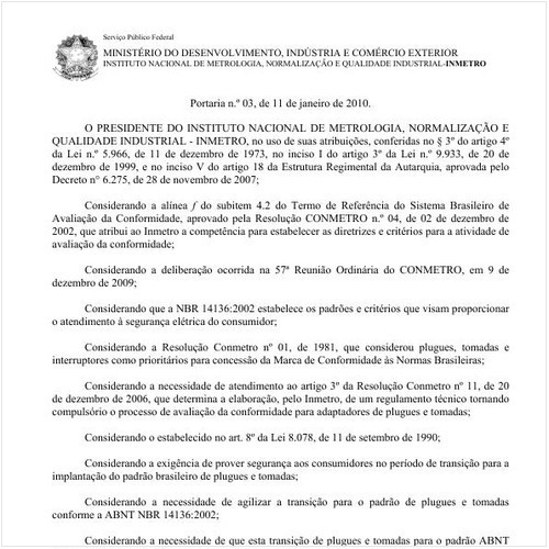 Portaria INMETRO/MDIC 3:2010 - Situação: Revogado
