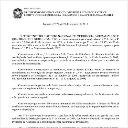 Portaria INMETRO/MDIC 377:2010 - Situação: Aguardando revogação