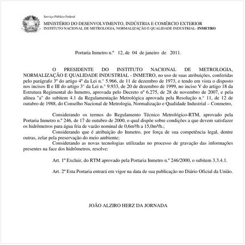 Portaria INMETRO/MDIC 12:2011 - Situação: Em vigor