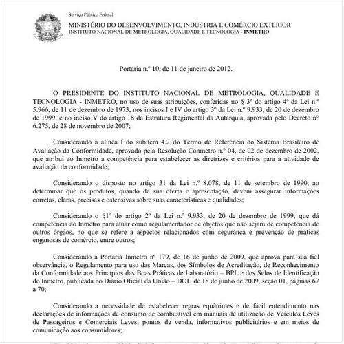 Portaria INMETRO/MDIC 10:2012 - Situação: Em vigor
