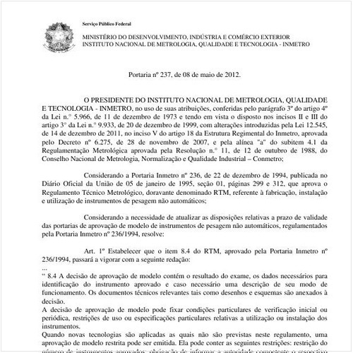 Portaria INMETRO/MDIC 237:2012 - Situação: Aguardando revogação