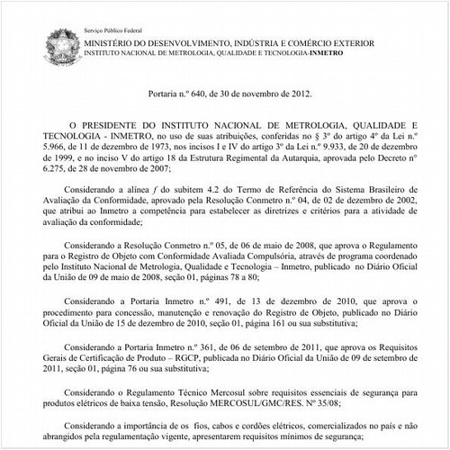 Portaria INMETRO/MDIC 640:2012 - Situação: Revogado