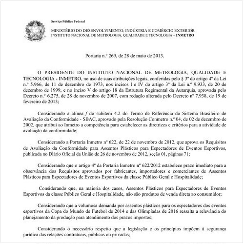 Portaria INMETRO/MDIC 269:2013 - Situação: Aguardando revogação