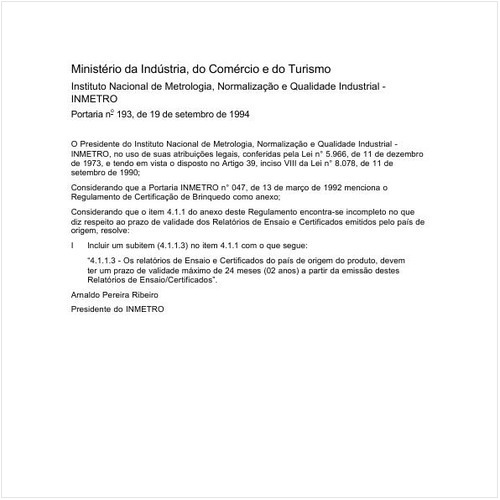 Portaria INMETRO/MICT 193:1994 - Situação: Revogado