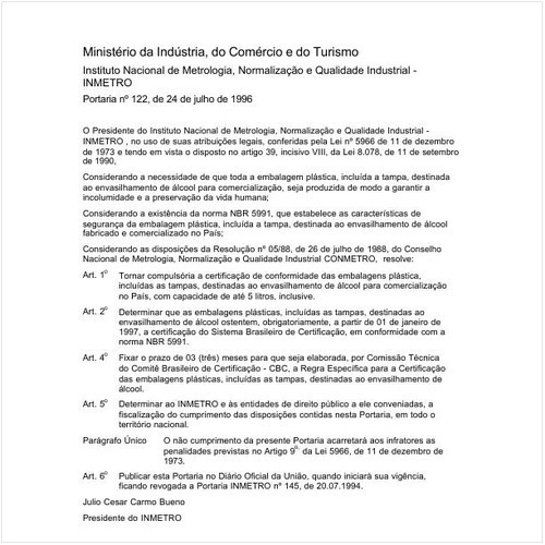 Portaria INMETRO/MICT 122:1996 - Situação: Revogado