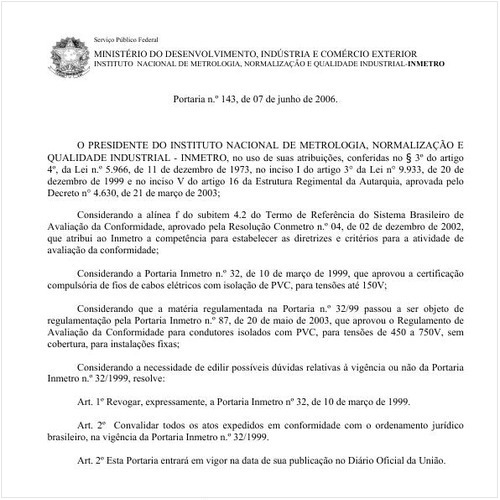 Portaria INMETRO/MDIC 143:2006 - Situação: Revogado