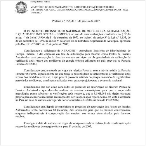 Portaria INMETRO/MDIC 52:2007 - Situação: Revogado