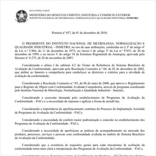 Portaria INMETRO/MDIC 457:2010 - Situação: Revogado