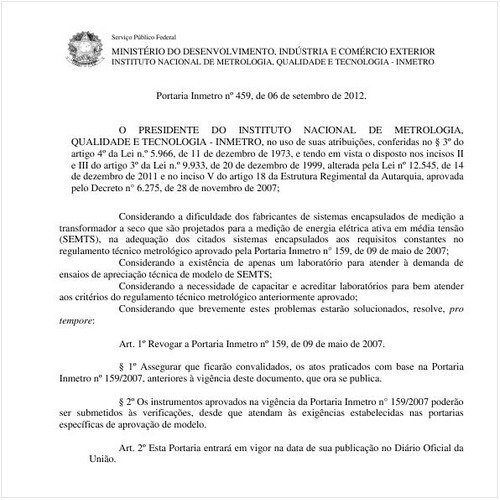 Portaria INMETRO/MDIC 459:2012 - Situação: Em vigor