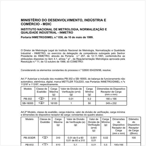 Portaria DIMEL/INMETRO 38:1999 - Situação: Em vigor