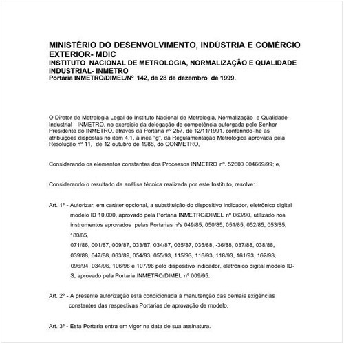 Portaria DIMEL/INMETRO 142:1999 - Situação: Em vigor