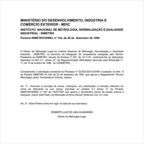 Portaria DIMEL/INMETRO 144:1999 - Situação: Em vigor