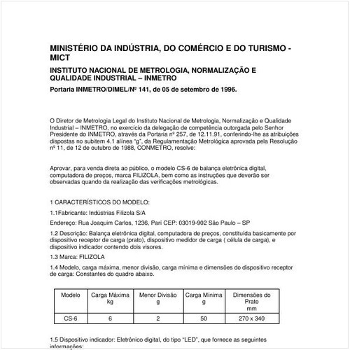 Portaria DIMEL/INMETRO 141:1996 - Situação: Revisto