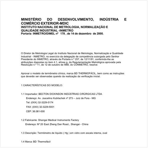 Portaria DIMEL/INMETRO 178:2000 - Situação: Em vigor