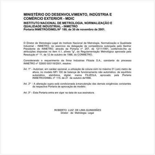 Portaria DIMEL/INMETRO 180:2001 - Situação: Em vigor