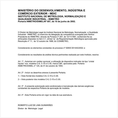 Portaria DIMEL/INMETRO 87:2002 - Situação: Em vigor