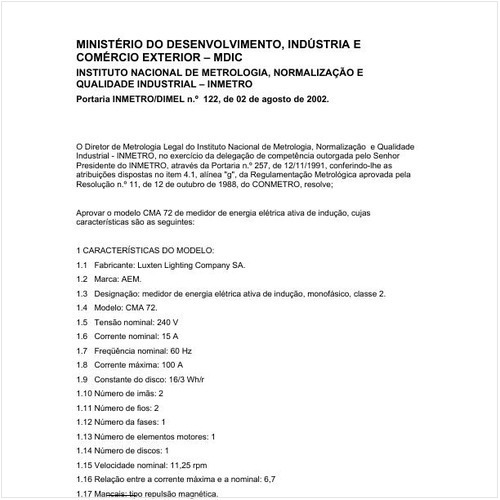 Portaria DIMEL/INMETRO 122:2002 - Situação: Em vigor